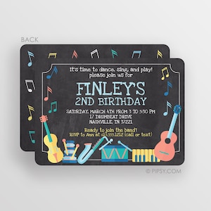 May include: A black chalkboard-style birthday invitation with musical notes and instruments. The invitation reads "Finley's 2nd Birthday" with event details. Colorful musical instruments include a violin, guitar, and drum set.