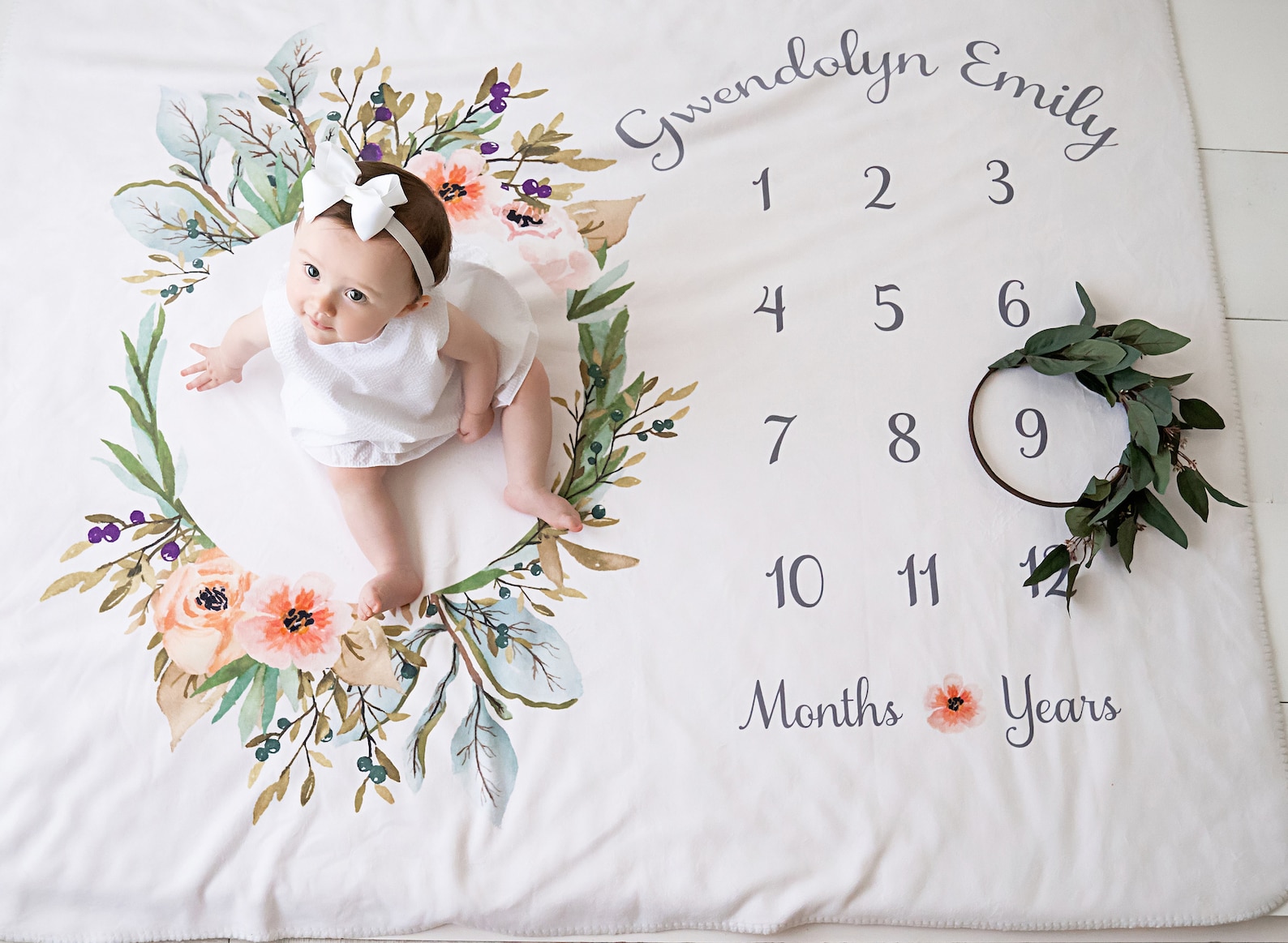 Baby Month Milestone Blanket Olive Wreath Girl Personalized Etsy