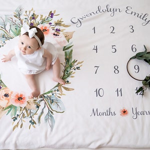 Baby Month Milestone Blanket, Olive Wreath, Girl, Personalized Baby Blanket, Track Growth & Age, **Blanket Only - Photo Props NOT included**