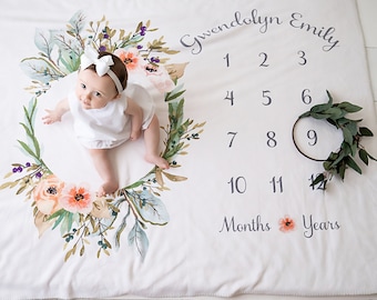 Baby Month Milestone Blanket, Olive Wreath, Girl, Personalized Baby Blanket, Track Growth & Age, **Blanket Only - Photo Props NOT included**
