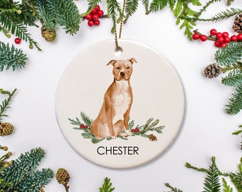 Pit bull Christmas Ornament, Personalized, Fawn dog with white chest