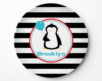 Personalized kids Plate, Penguin with balloon, reusable polymer  ThermoSāf® plate, lasts for years