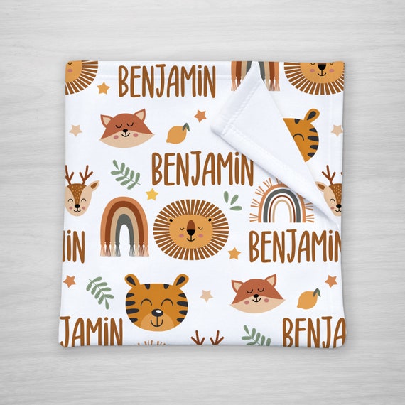 Personalized Baby Blanket, Modern Neutral Rainbow with Name and Lion, Tiger, and Deer, shower gift for boy, girl or gender neutral Il_570xn