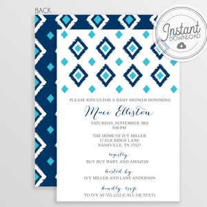 DIY Baby Shower Invitation, Ikat pattern, Instant Download & Editable File, Templett Invitation, Boy Blue invite