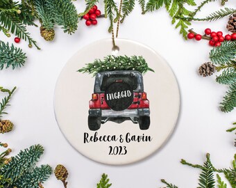 Engaged Christmas Ornament,  Personalized Engagement Gift, Red Car Truck with Christmas Tree, First Christmas