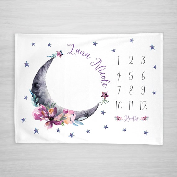 Baby Month Milestone Blanket- Luna Moon and Stars - Celestial - Girl - Personalized Baby Blanket - New Mom Baby Shower Gift Il_570xn