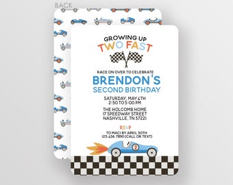 Race Car Birthday Invitations, Growing up TWO fast, You choose Printed Cardstock Invitations or Digital JPG