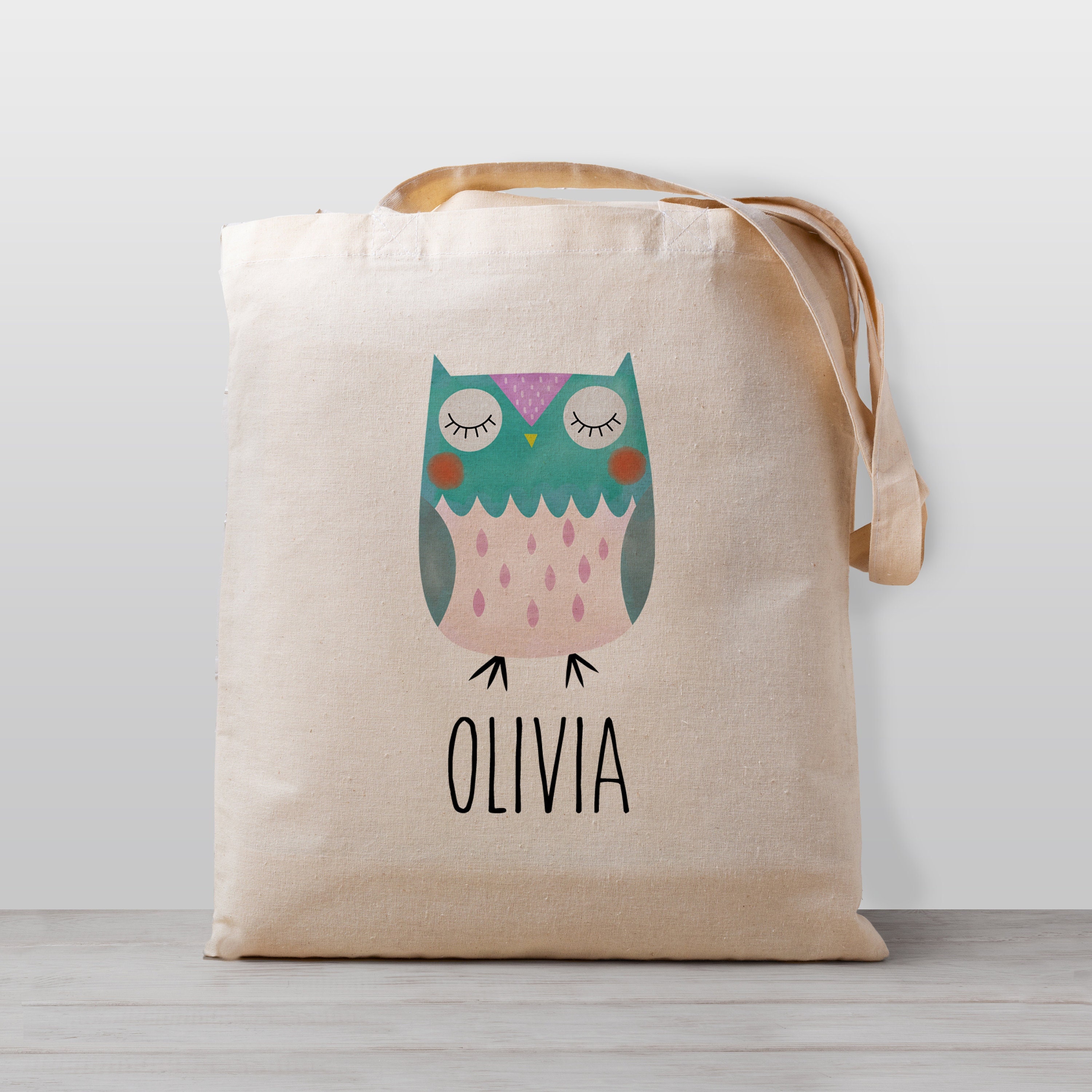 Personalized Owl Tote Bag, Name, Boy Girl Kids, Gender Neutral Canvas Bag