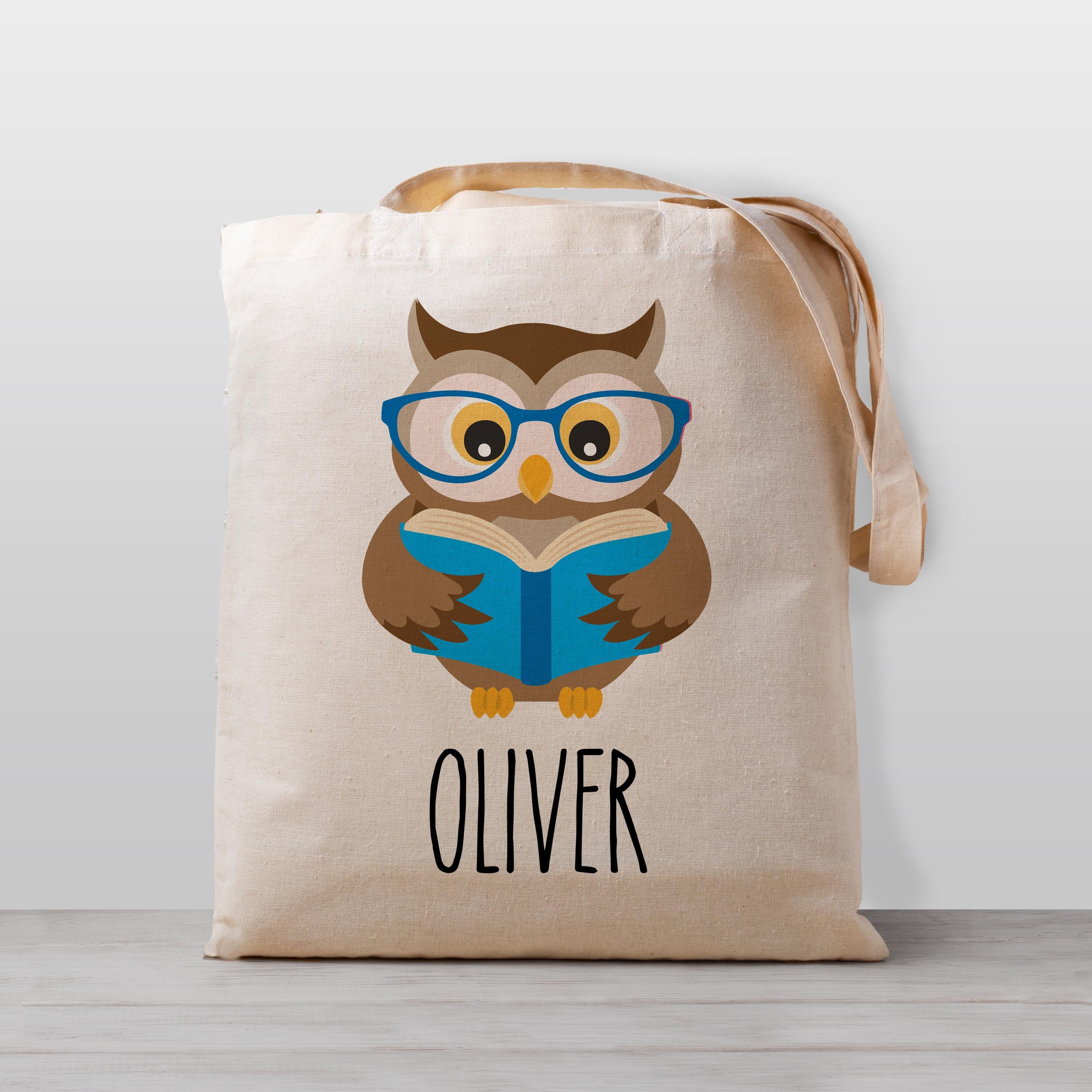 Personalized kid's Tote Bag, Owl with Book, Blue Glasses, Library book bag, School, Preschool or