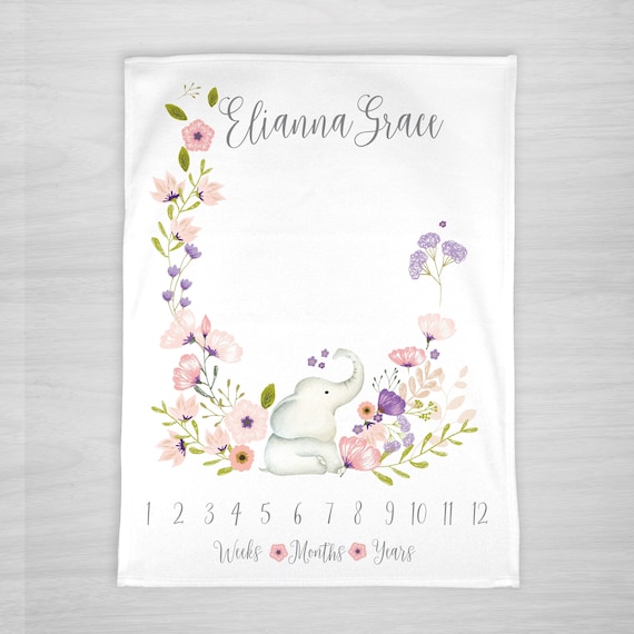Baby Milestone Blanket- Elephant & Flowers Baby Month Blanket - Girl - Baby Blanket -Baby Shower Gift Il_570xn