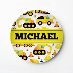 Construction Plate, Personalized kid vehicles Plate, kids plate, Polymer Plate, Decoware®, dishwasher safe, backhoe, dump truck