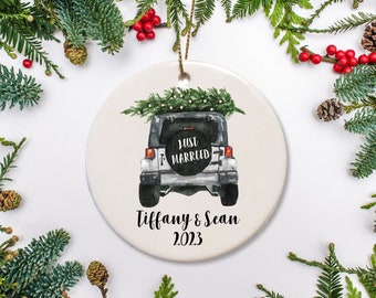 Just Married Newlywed Christmas Ornament, Wedding Ornament, Personalized Wedding Gift, White Car Truck with Christmas Tree, First Christmas