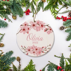 Baby&#39;s First Christmas Ornament, Personalized, grandchild or niece Christmas Gift, Cherry Blossom Ornament, Kids Christmas