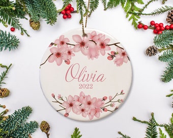 Baby's First Christmas Ornament, Personalized, grandchild or niece Christmas Gift, Cherry Blossom Ornament, Kids Christmas 2021