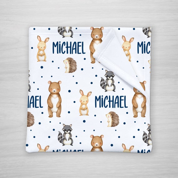 Personalized Baby Name Blanket with Bear, Bunny Rabbit, Raccoon and Hedgehog, Swaddle, Personalized New Mom Shower Gift Il_570xn