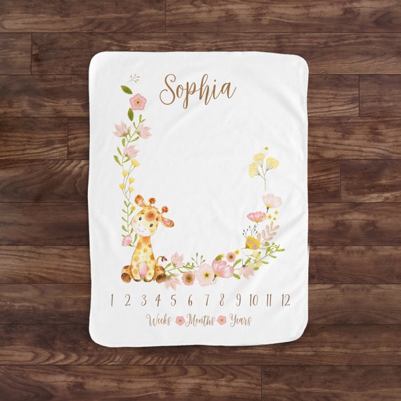 Baby Month Milestone Blanket- Giraffe with flowers - Girl - Personalized Baby Blanket - Track Growth and Age - New Mom Baby Shower Gift Il_570xn