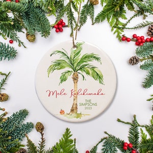 Personalized Hawaii Christmas Ornament: Tropical Palm Tree, Mele Kalikimaka