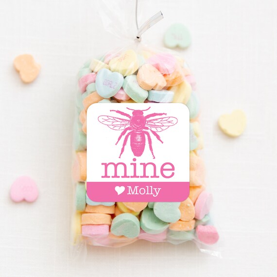 Valentine's Day Stickers, Bee Mine Class Gift Stickers, 12 per sheet or print at home digital file Il_570xn