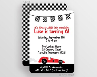 Race Car Birthday Invitations, Personalized with a checkered flag, You choose Premium Printed Cardstock Invitations or Digital JPG