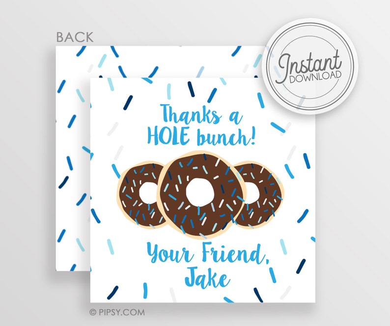 Donut favor tags, DIY, Instant download, chocolate with blue sprinkles Printable DIY with fully editable text, edit on Templett.com image 1
