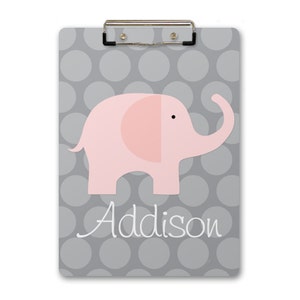 Personalized, Monogrammed Clipboard pink elephant on grey polka dots image 2