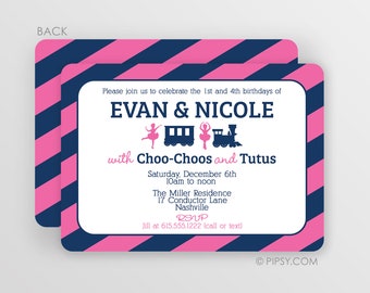 Choo Choos and Tutus Birthday Invitations, Trains and Tutus Invitations - for twins, friends or multiple birthday parties