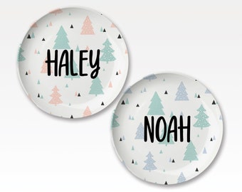 Personalized Christmas Kids Plate, Boho Pastel Trees in Pink, Reusable, Dishwasher & Microwave Safe,  Lasts for Years