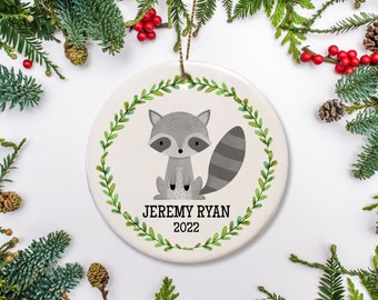 Raccoon Christmas Ornament, Personalized, Cute Raccoon in Wreath Ornament, Watercolor Ornament, Baby's 1st Christmas 2022