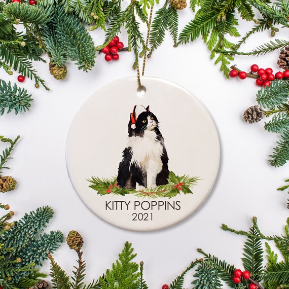 Black and White Long hair Cat Christmas Ornament, Personalized Cat Ornament Norwegian Forest cat , Christmas Gift for Cat Lover Il_570xn