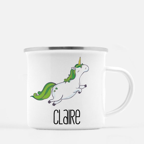 Personalized Kids Camp Mug - St. Patrick's Day Gift, Jumping Unicorn, Lucky, 12oz Metal Camp Mug Il_570xn