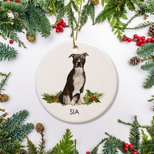 Pit Bull Christmas Ornament - Black and White Dog, Personalized Ceramic