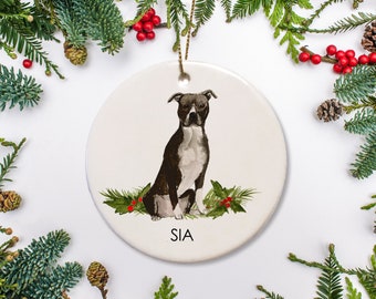 May include: A white ceramic Christmas ornament with a hand-painted illustration of a black and white pit bull terrier sitting in a bed of green holly with red berries. The ornament is personalized with the name "SIA".
