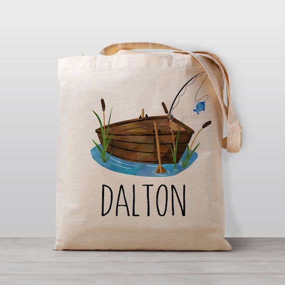 Personalized Kids Tote Bag, Fishing Boat With Pole, Name School