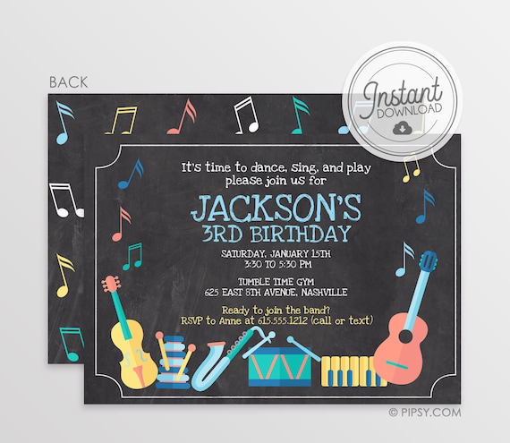 DIY Music Party Birthday Invitation, Boy Girl or Gender Neutral Musical Instruments, Instant Download & Editable File, Templett Invitation Il_570xn