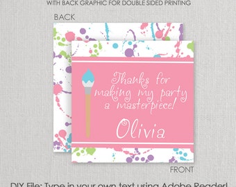 Pastel and Pink Art Paint Splatter Party Square Gift Tag Set - Printable DIY with fully editable text