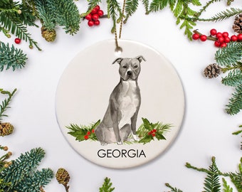 Pit Bull Christmas Ornament, featuring a Blue Gray Staffordshire Dog, personalized with your pet's name