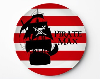 Pirate Plate, Personalized for kids, Pirate name plate with skull and crossbones, pirate ship, ThermoSāf® dishwasher safe