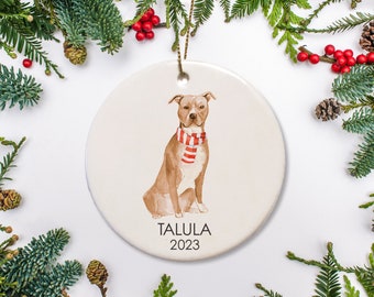 Pit bull Christmas Ornament, Personalized, Fawn dog with white chest, P