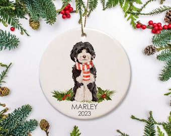 Personalized Cockapoo Christmas Ornament, featuring a Black and white labradoodle dog, personalized with your pet's name