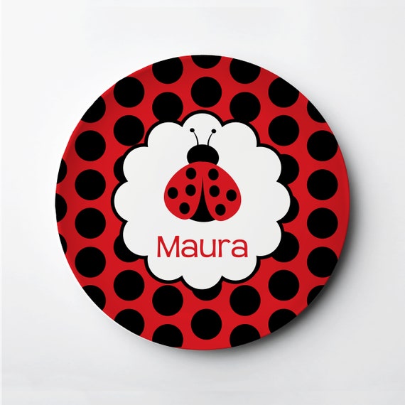 Personalized Plate for Girl, Ladybug Personalized Polymer Plate, Polka Dot, Dishwasher Oven Microwave safe, Lasts for Years Il_570xn