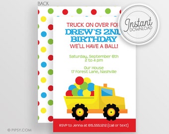 Dump Truck Birthday Invitation, Truck and Balls Invitation, DIY, Printable Instant Download Editable File - Templett Invitation
