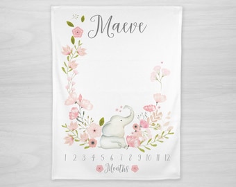 Elephant Baby Milestone Blanket: Pink Floral Girl Blanket