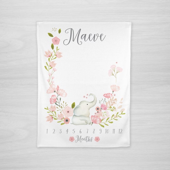 Baby Milestone Blanket- Elephant & Pink Flowers Baby Month Blanket - Girl - Baby Blanket -Baby Shower Gift Il_570xn