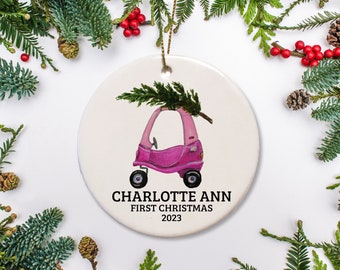 Baby's First Christmas Ornament with a pink toy car and tree, Personalized, Baby's 1st Christmas Gift, Keepsake Ornament, 2023