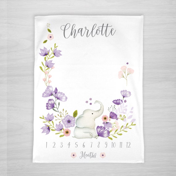 Baby Milestone Blanket- Watercolor Elephant | Purple with soft pink Flowers | Baby Month Blanket - Girl - Baby Blanket -Baby Shower Gift Il_570xn