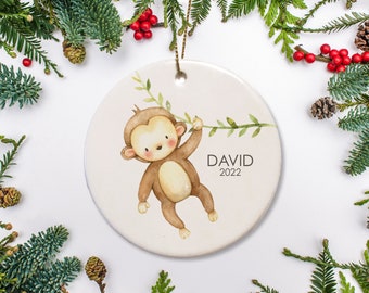 Baby's First Christmas Ornament, Personalized Ornament, Monkey Ornament, Watercolor Ornament, Baby's 1st Christmas 2022 Ornament Gift
