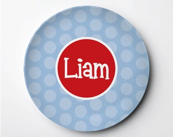 Personalized Plate for Boy, Polka Dot Custom Plate, Name Plate, Microwave Dishwasher Oven Safe, Lasts for Years