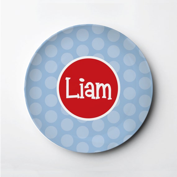 Personalized Plate for Boy, Polka Dot Custom Plate, Name Plate, Microwave Dishwasher Oven Safe, Lasts for Years Il_570xn