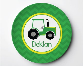 Kids Plate, Tractor Farm Resusable Plate, Personalized Plate, personalized with green chevron, Thermosaf