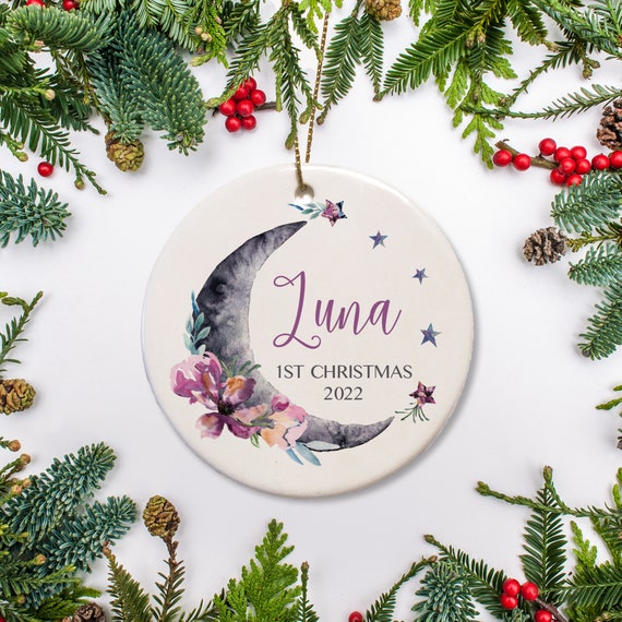 Baby's First Christmas Ornament, Moon Celestial Ornament, Baby's First Christmas Gift, Simple Watercolor Wreath, Baby's 1st Christmas 2021 Il_570xn